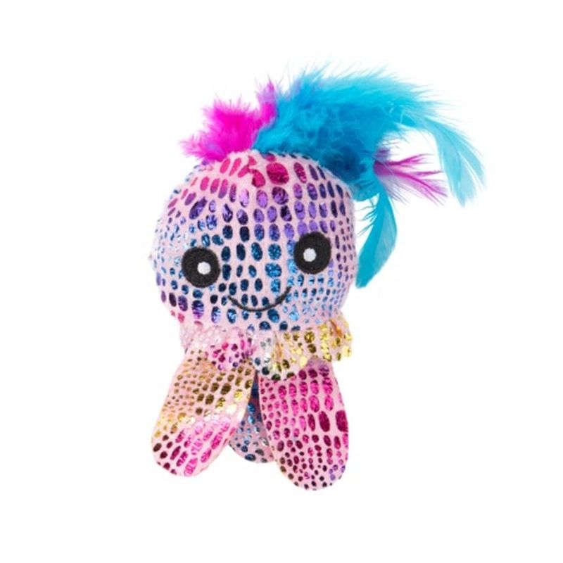 Игрушка для кошек "Осьминожка" с кошачьей мятой и перышками розовая 6,5 см